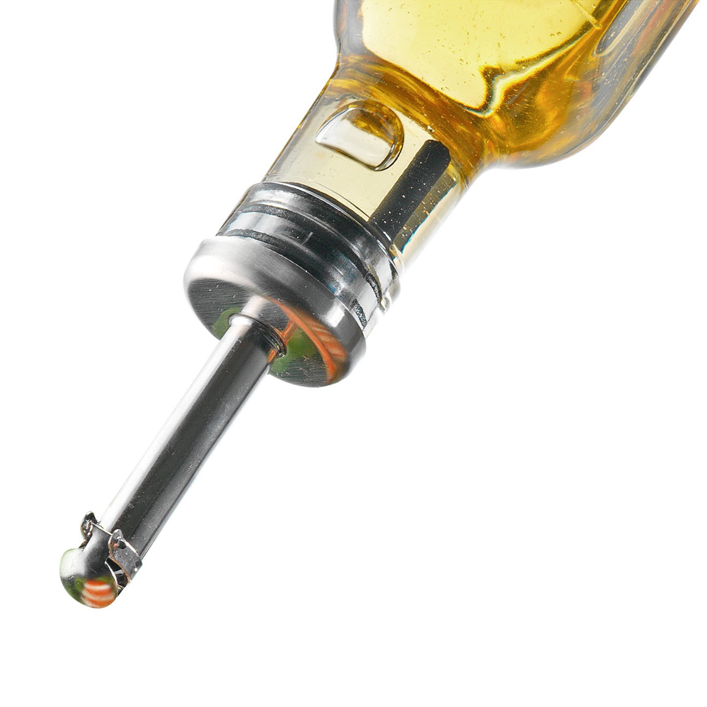 Stainless steel pourer spout with narrow nozzle and black sealing ring