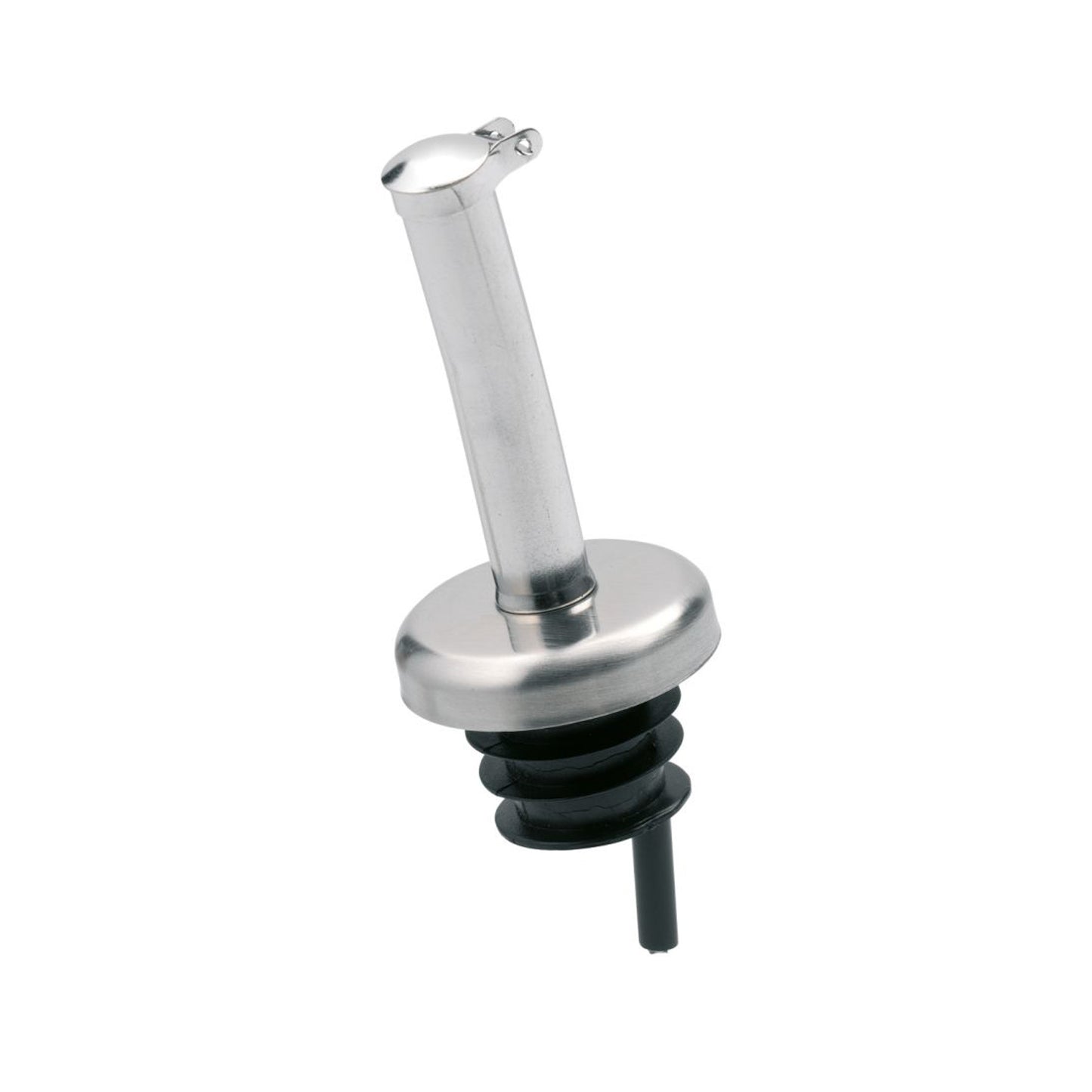Stainless steel pourer spout with black rubber base and small outlet