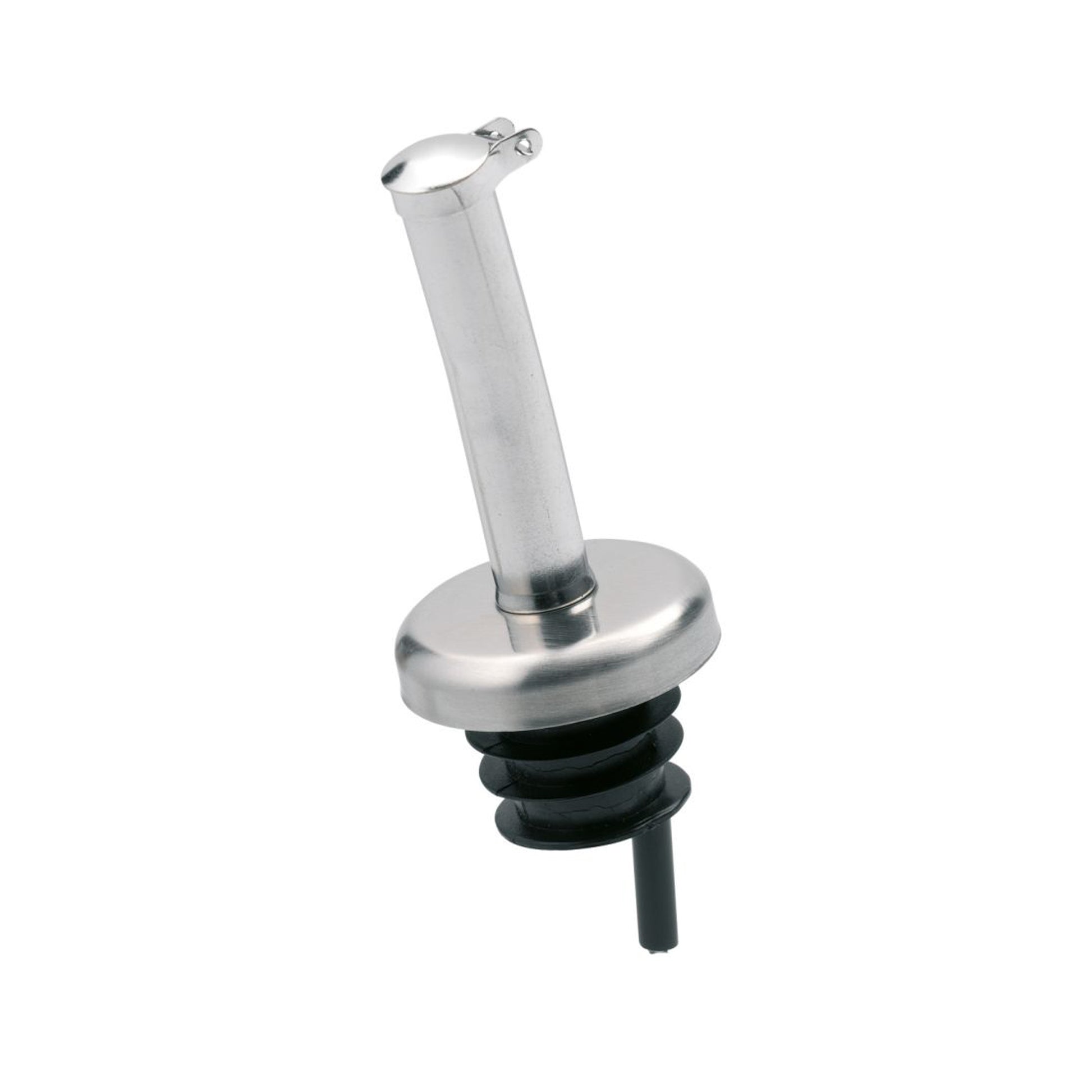 Stainless steel pourer spout with black rubber base and small outlet