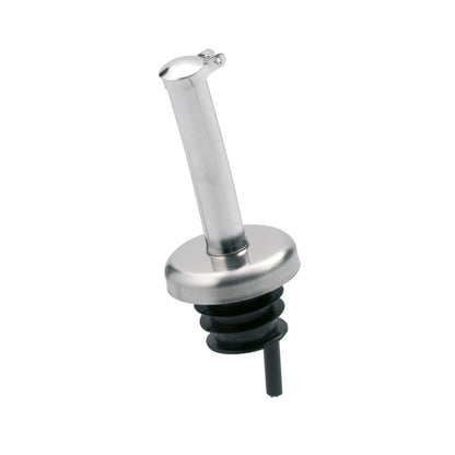 Stainless steel pourer spout with black rubber base and small outlet
