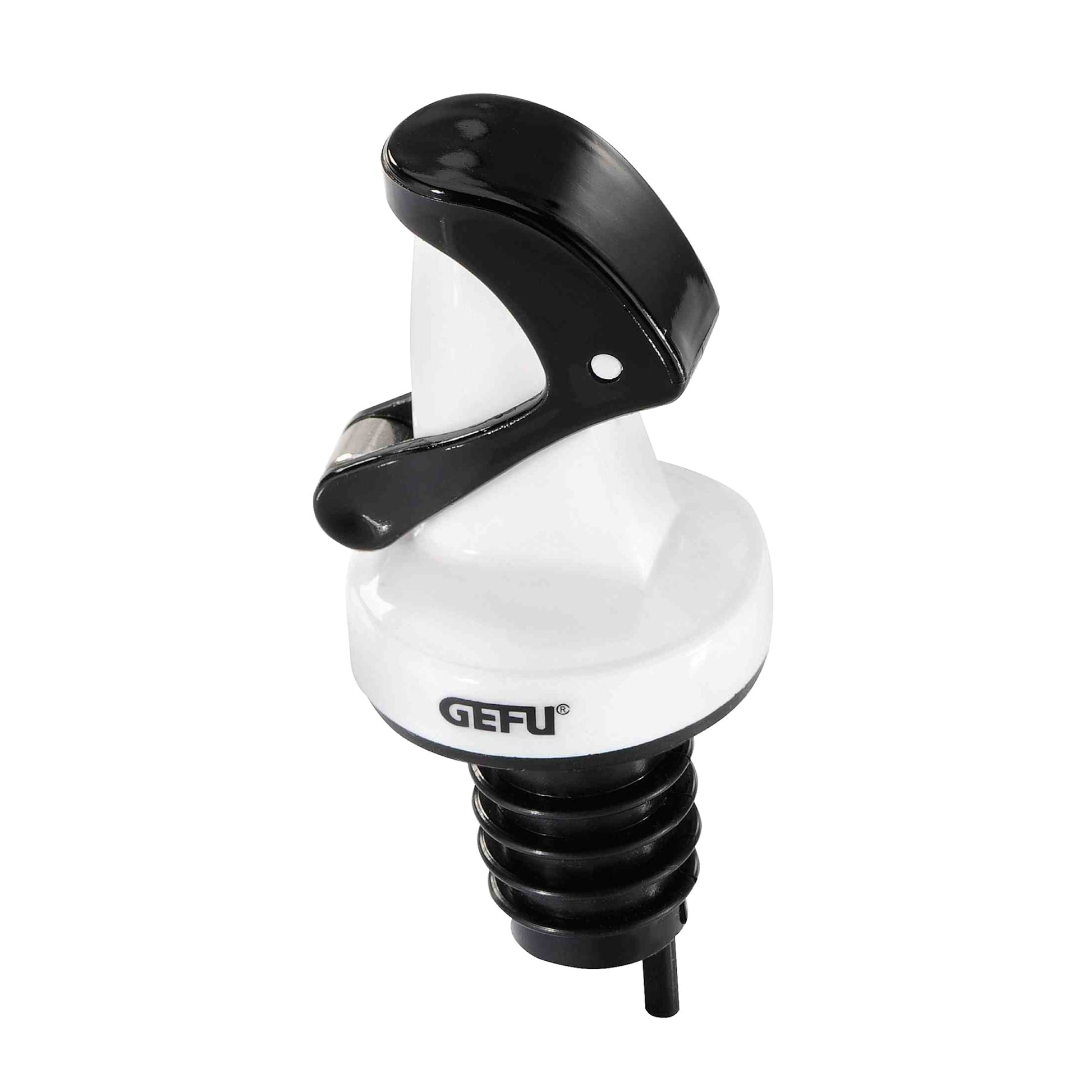 Automatic pourer with white body, black lever cap and spring spout, GEFU