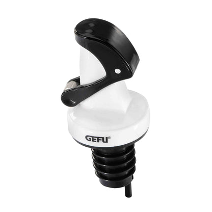 Automatic pourer with white body, black lever cap and spring spout, GEFU