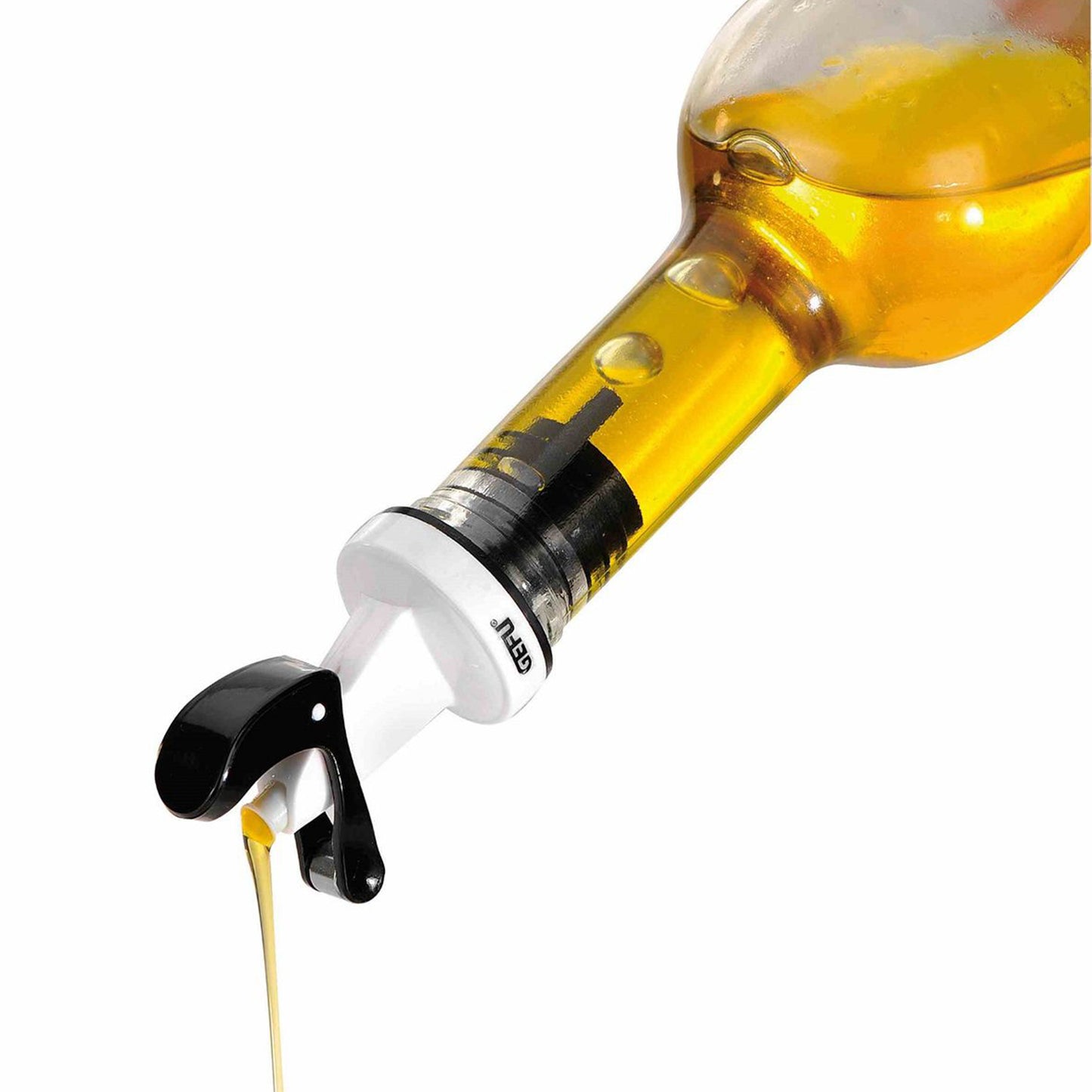 Automatic pourer spout with black tap and silver ring, dispensing amber oil