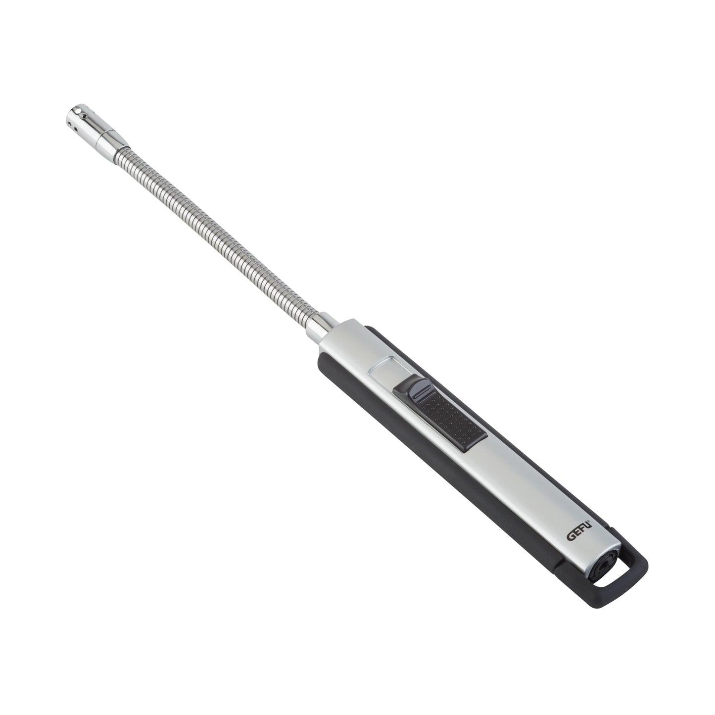 Long-handled lighter with black handle and silver flexible metal tube