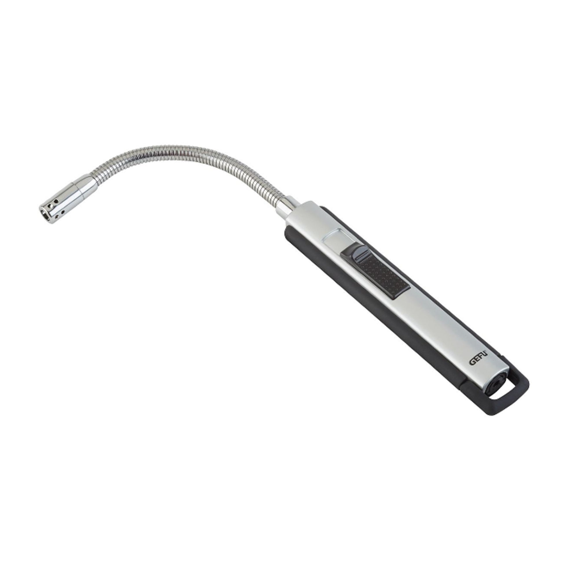 Long-handled lighter with black base, silver spring-style tube, and ignition window