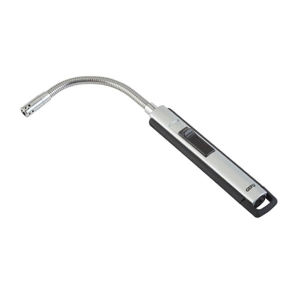 Long-handled lighter with black base, silver spring-style tube, and ignition window