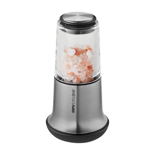Stainless steel salt and pepper mill with clear container and pink salt crystals
