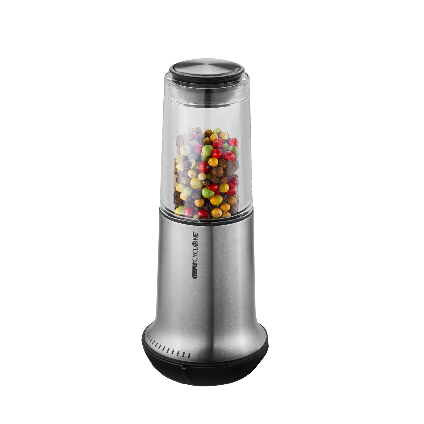 Stainless steel salt and pepper mill with clear container and colorful peppercorns