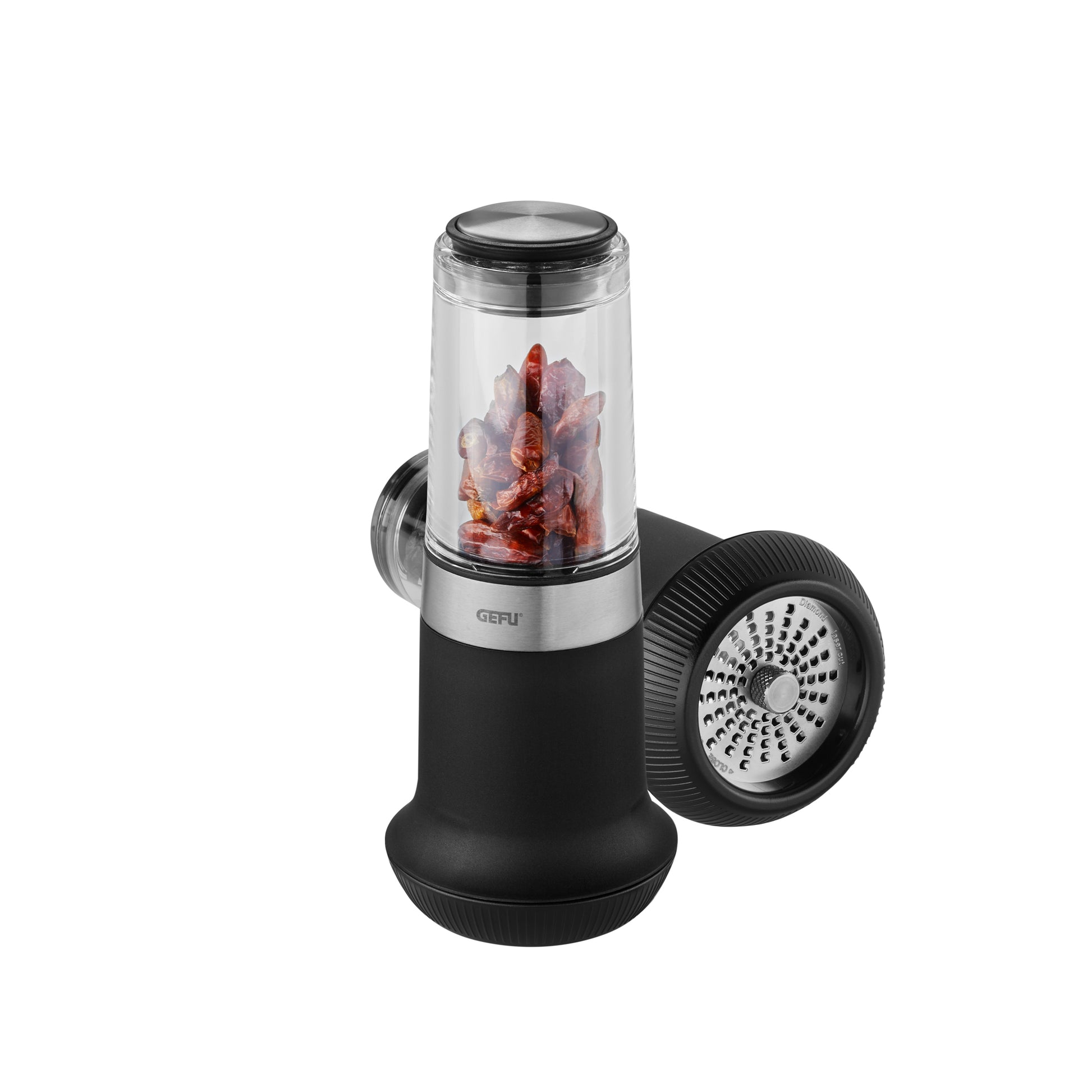 X-PLOSION chilli cutter with clear container and perforated blade, black base