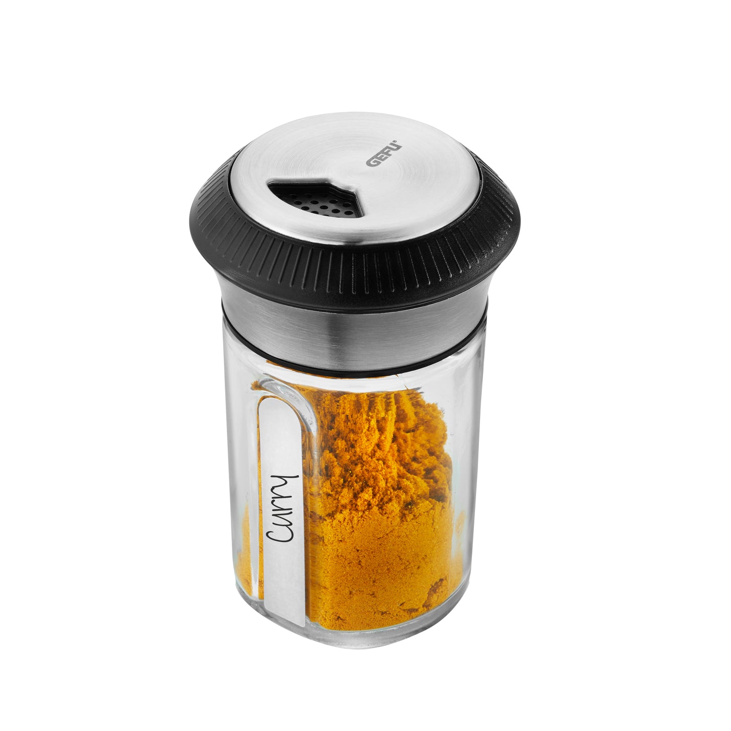 Stainless spice and herb shaker with black cap, clear body showing orange seasoning