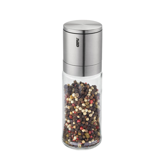 LAMOLA salt or pepper mill, stainless steel with clear spice container and GEFU logo