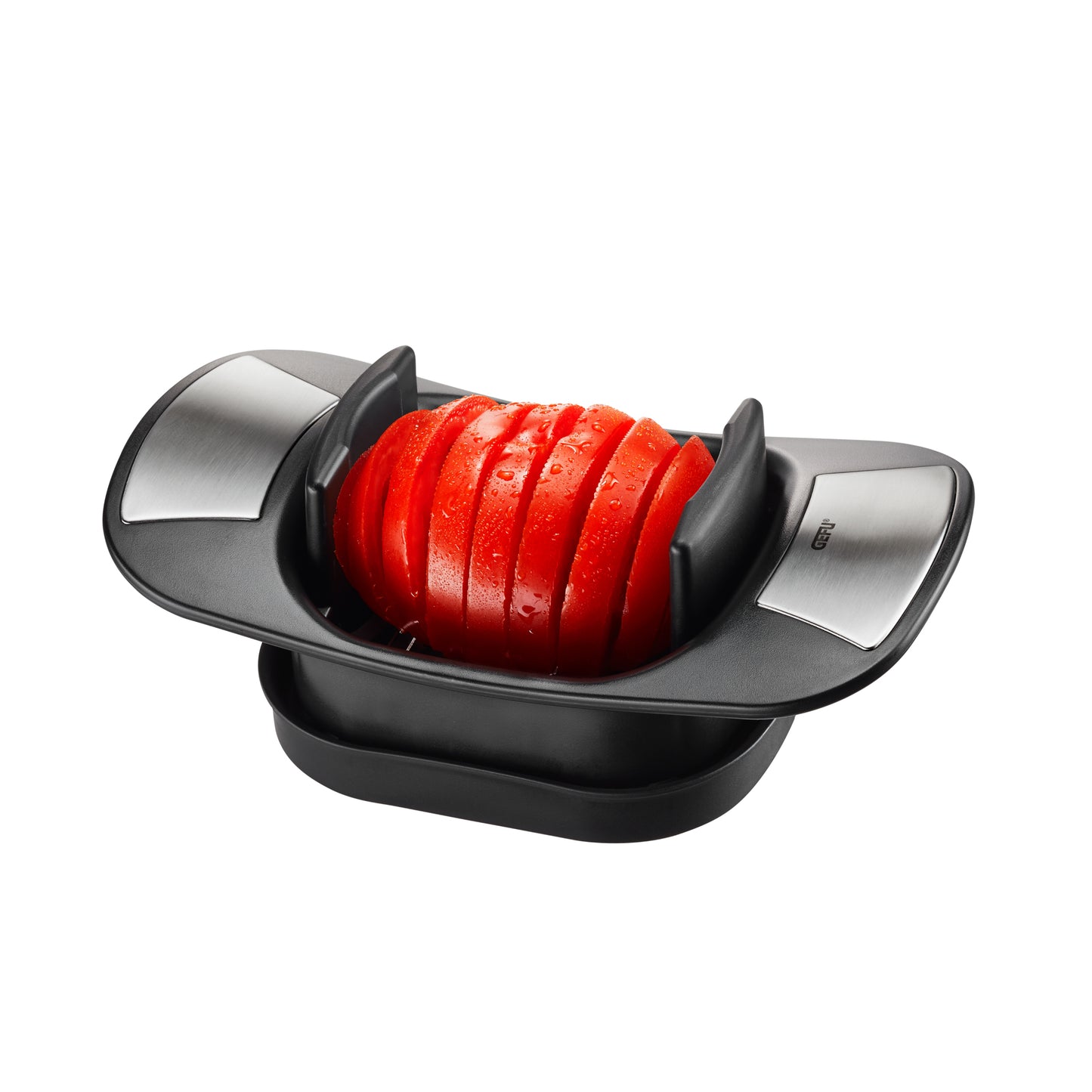 CAPRESE tomato and mozzarella slicer with red tomato slices in dark cradle