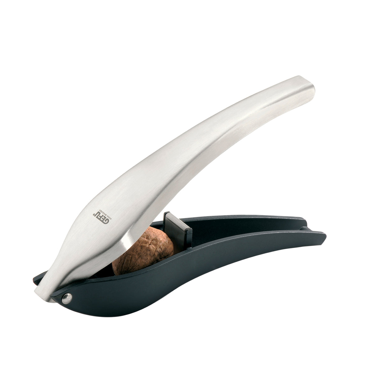 Metal nutcracker with curved silver lever and dark handle, holding a walnut