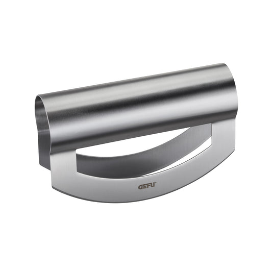 Gray metal half-moon holder with GEFU logo and curved interior