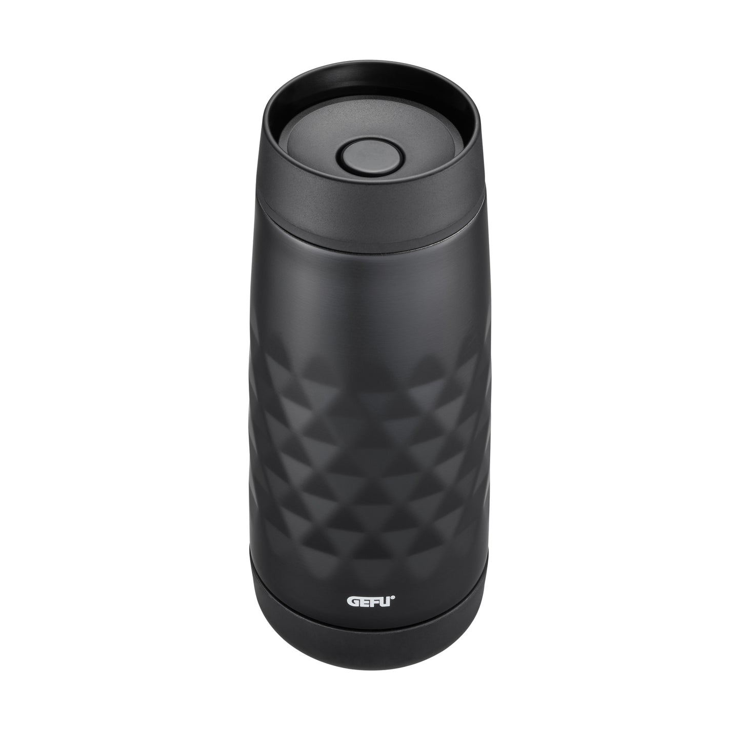 Black thermal mug with lid, geometric triangle texture, and base logo