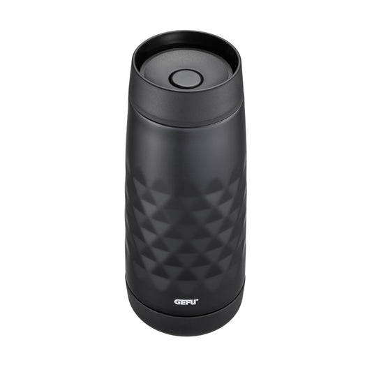 Black thermal mug with lid, geometric triangle texture, and base logo