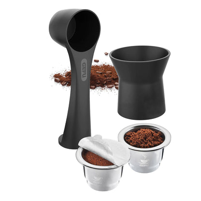 Black coffee capsule brewing tools set with scoop, reusable cups, and grounds