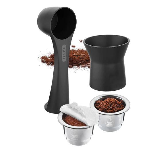 Black coffee capsule brewing tools set with scoop, reusable cups, and grounds