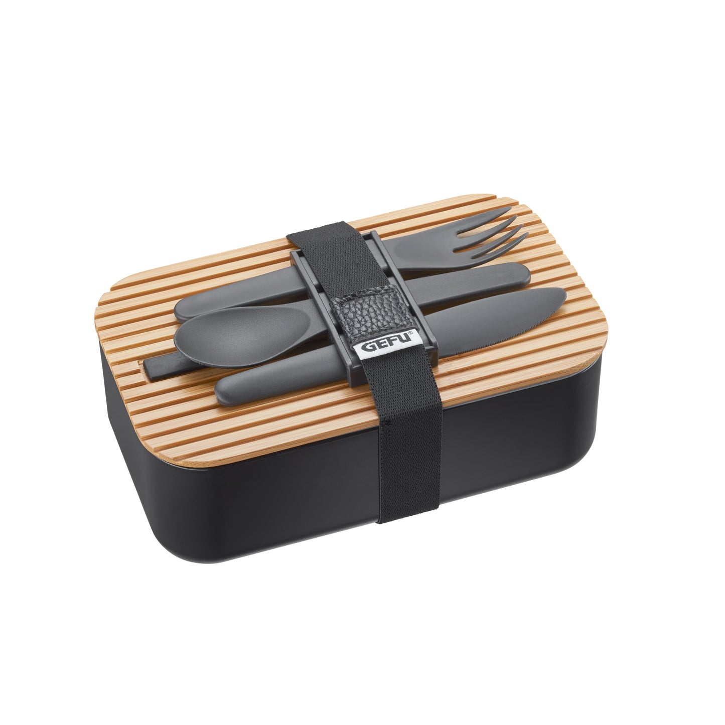 Black lunch box with striped bamboo lid and attached cutlery set