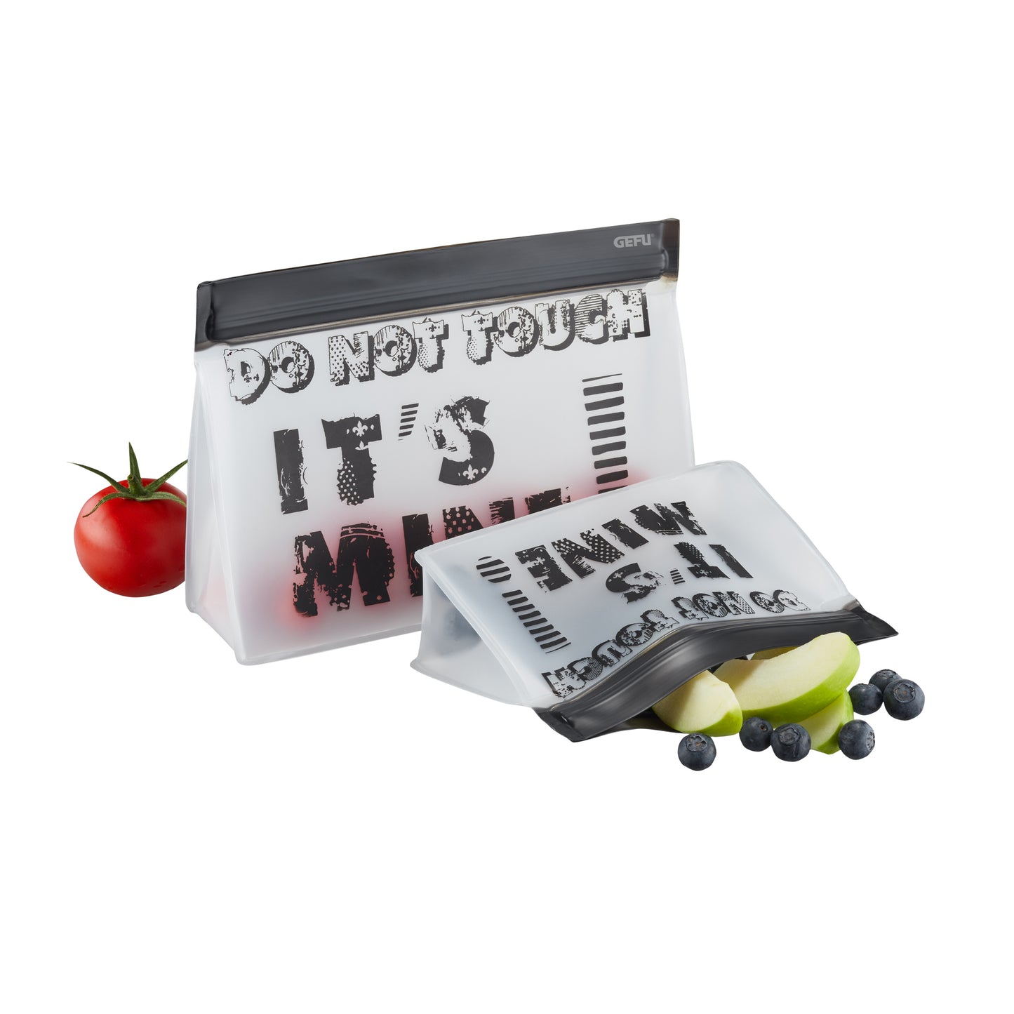 2-pack clear zip-top snack bags with black print, GEFU logo