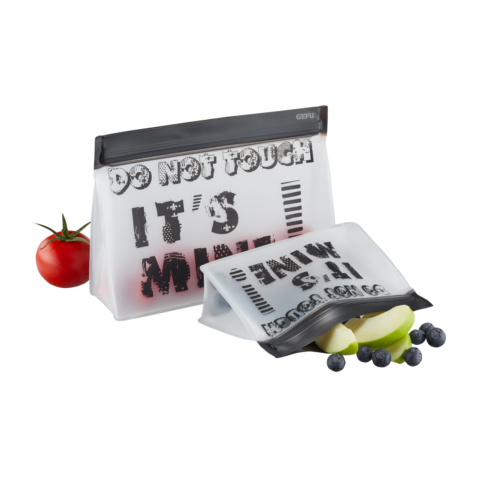 2-pack clear zip-top snack bags with black print, GEFU logo