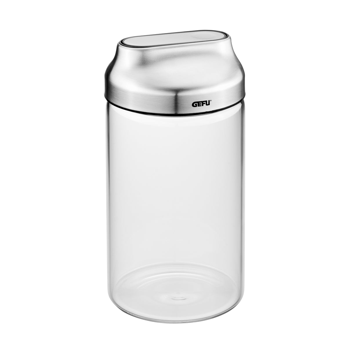 Food storage container with stainless steel lid and clear cylindrical body