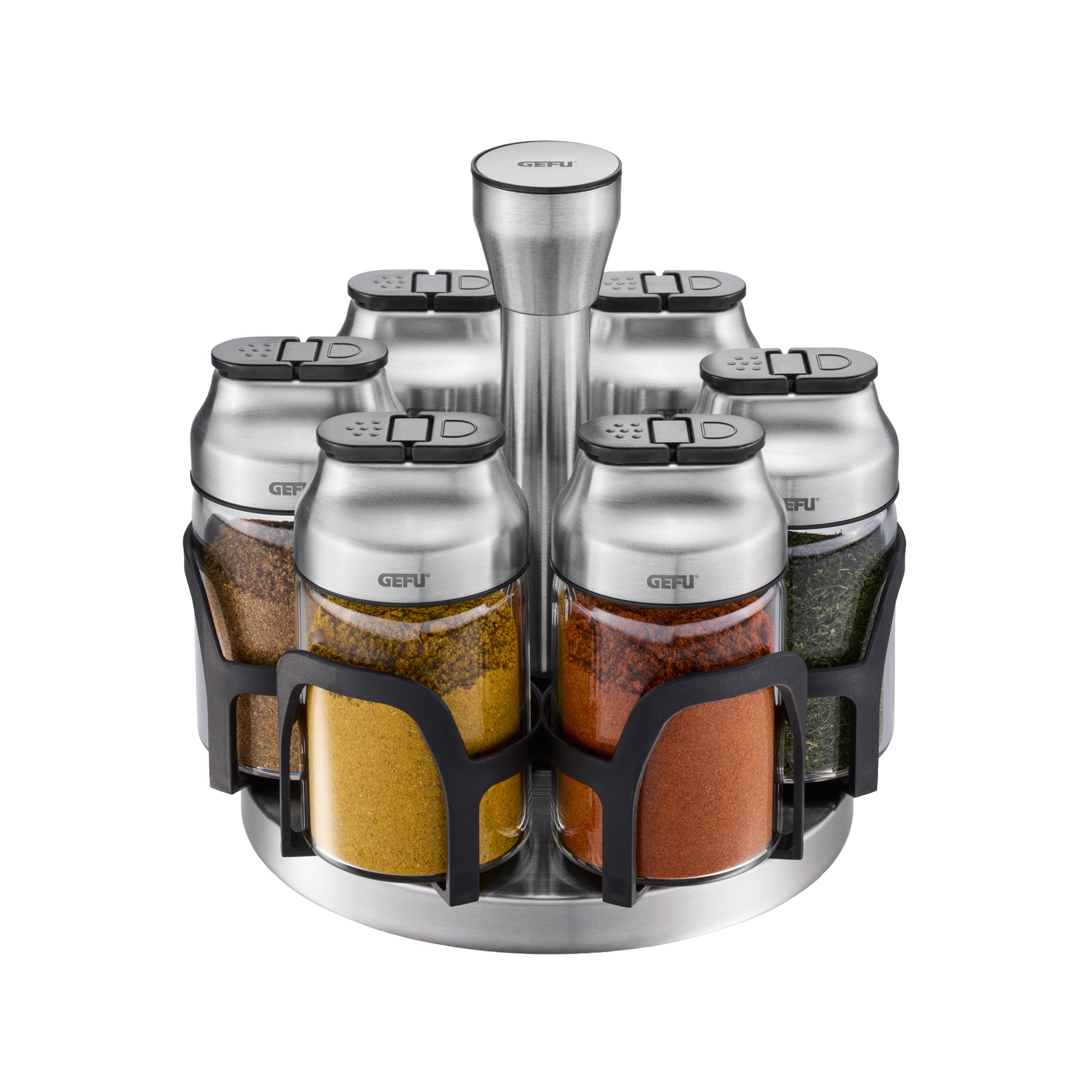 Stainless steel spice carousel with six spice jars and rotating base