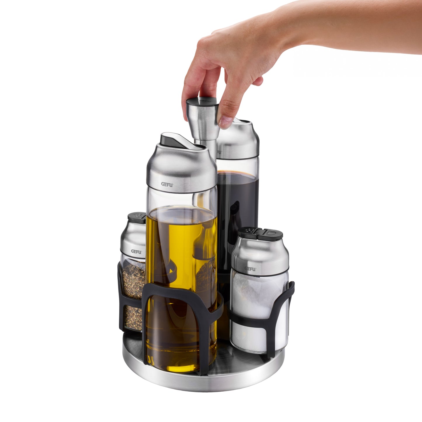 Vinegar and oil cruet stand with rotating base and glass bottles