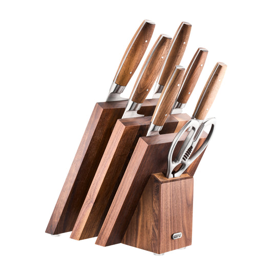 Magnetic wooden knife block with stainless steel knives and kitchen shears