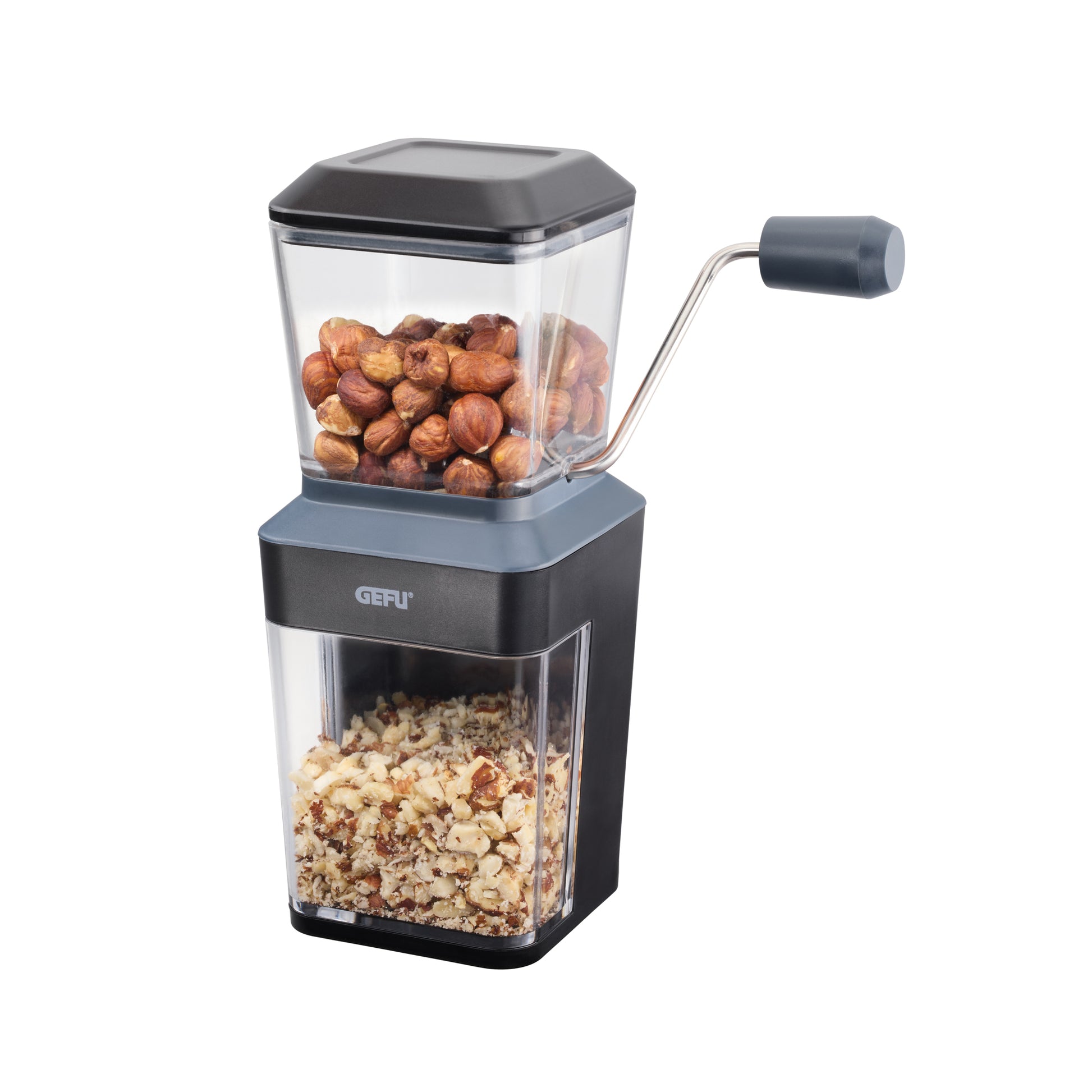 Manual nut grinder with clear container and dark base, hand crank handle