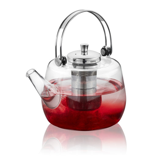 Glass infuser teapot with stainless lid, curved handle, red tea inside