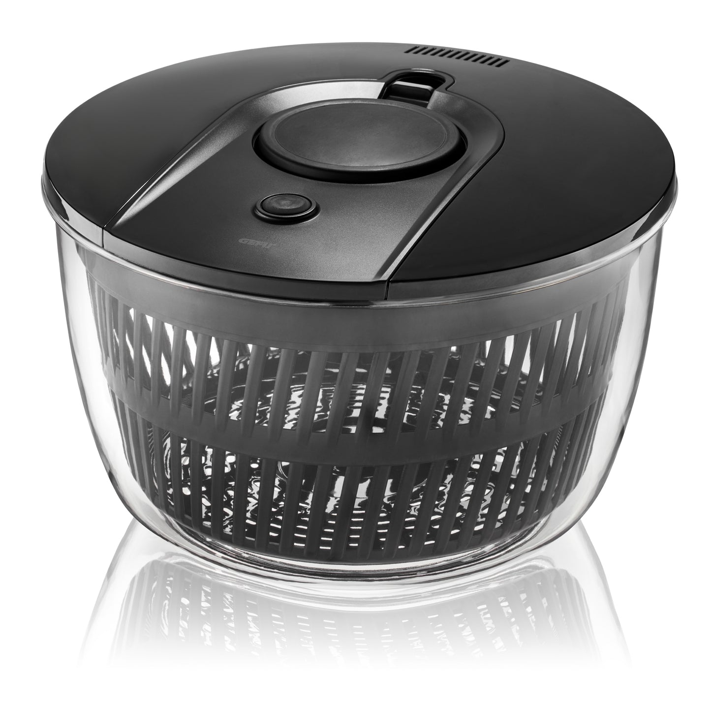 Salad spinner with clear plastic bowl and dark gray lid, knob, and handle