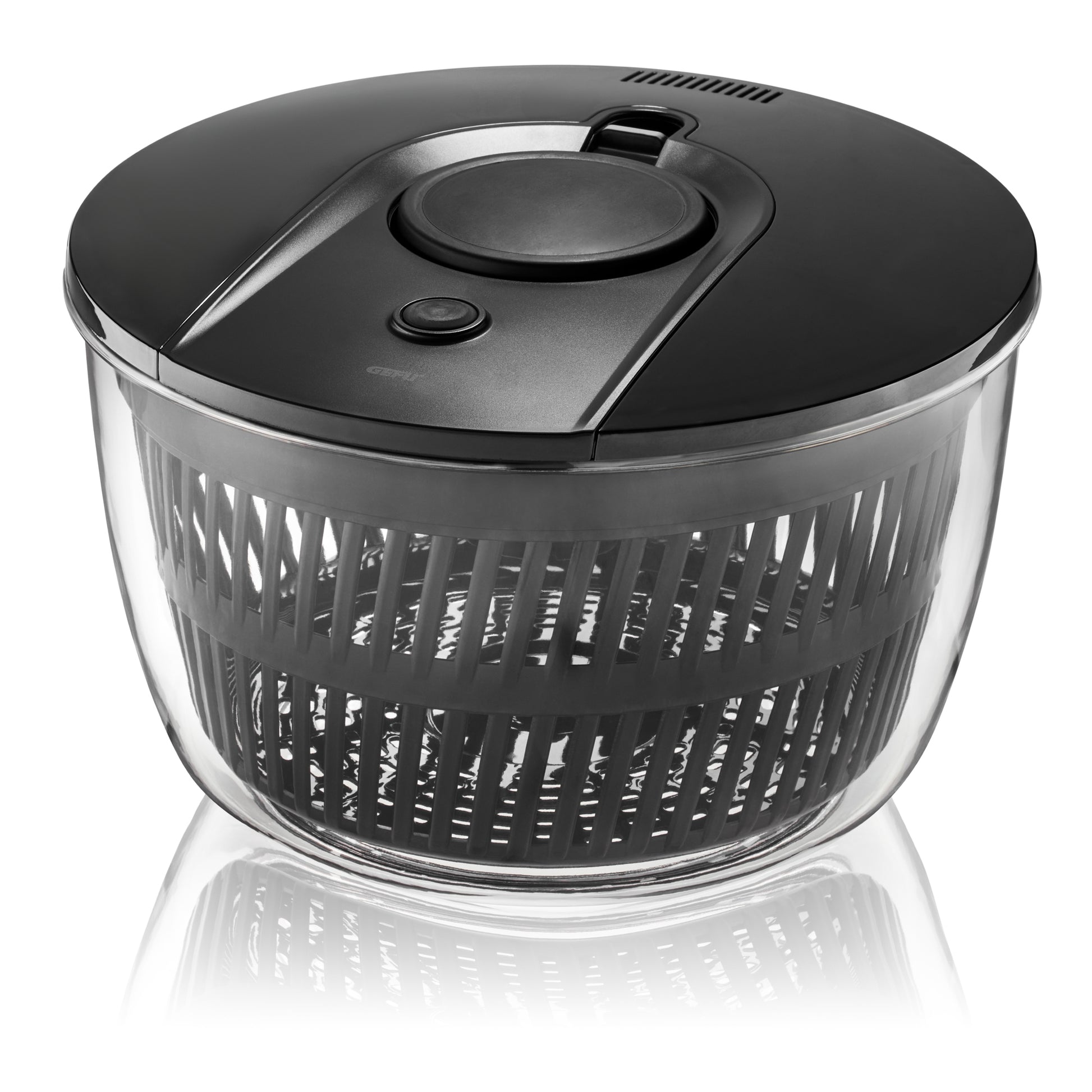 Salad spinner with clear plastic bowl and dark gray lid, knob, and handle