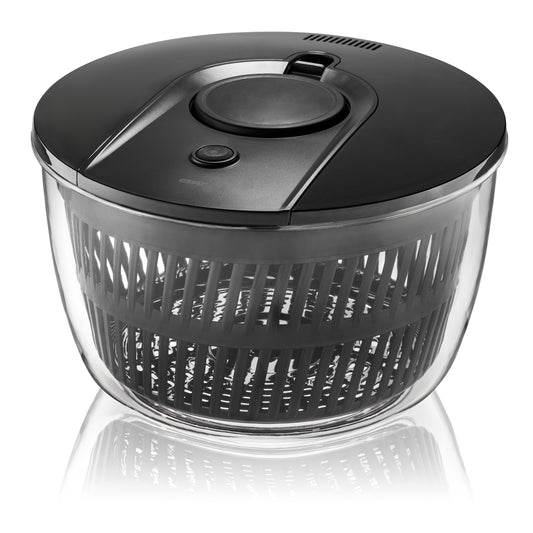 Salad spinner with clear plastic bowl and dark gray lid, knob, and handle