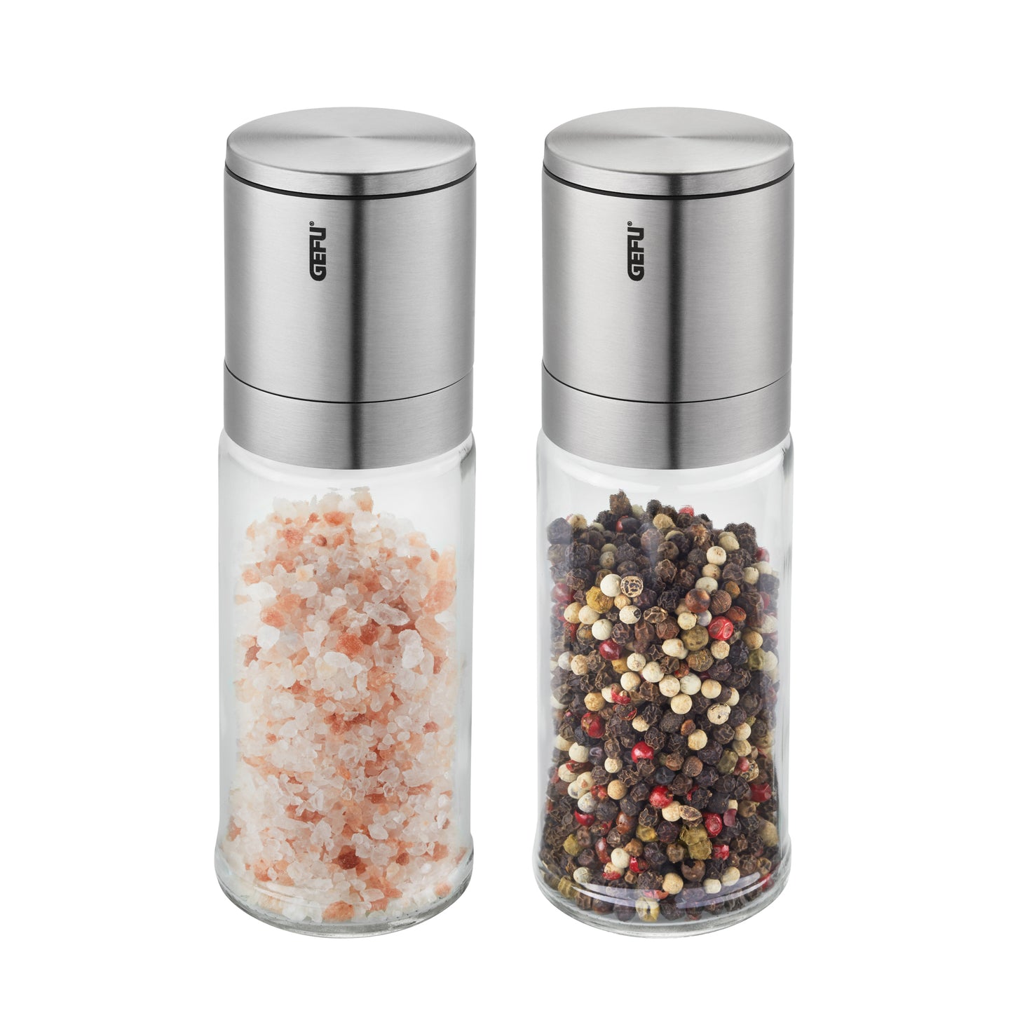 Stainless steel salt and pepper mill set with clear grinders, pink and multicolor peppercorns