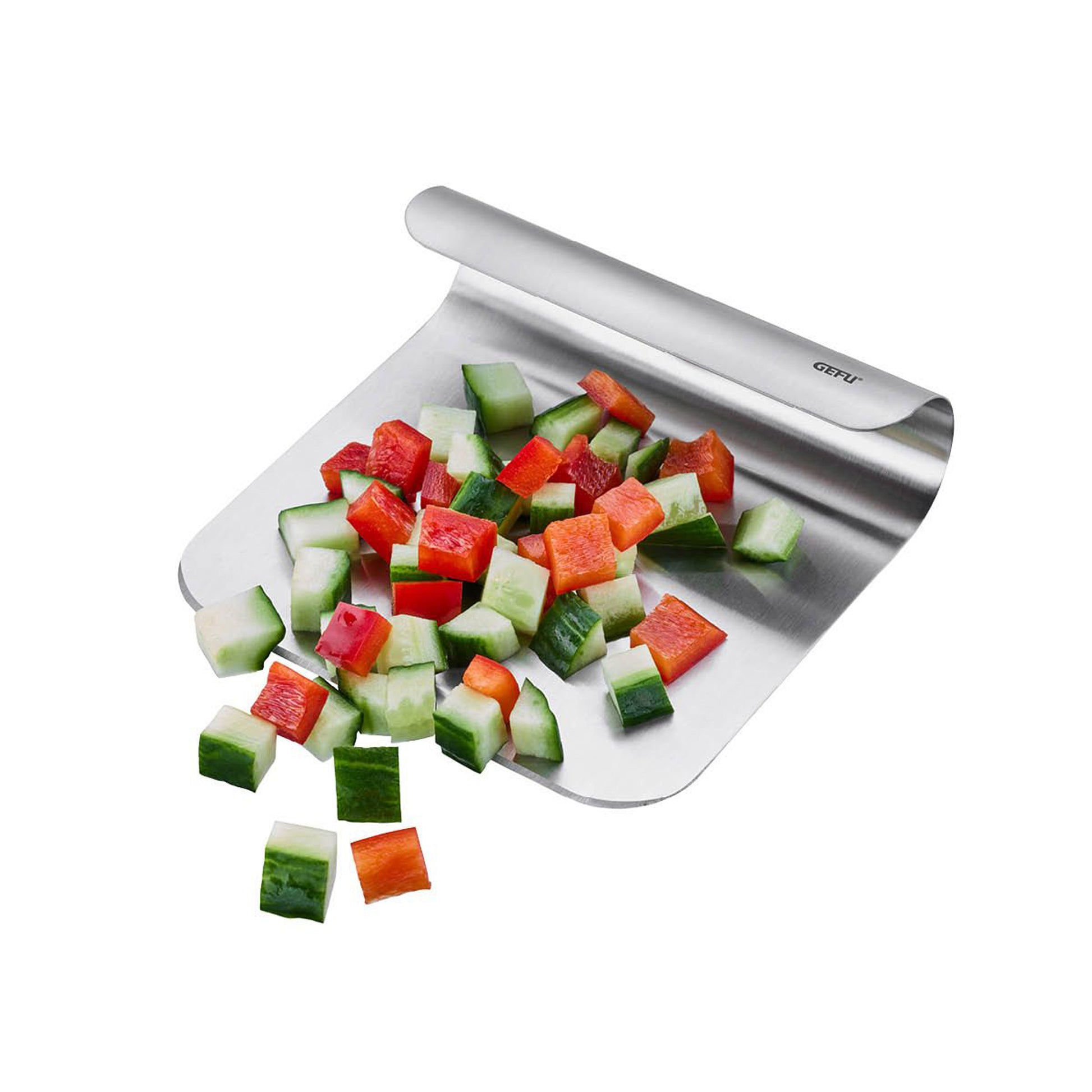 GEFU vegetable scoop holding diced red and green vegetables