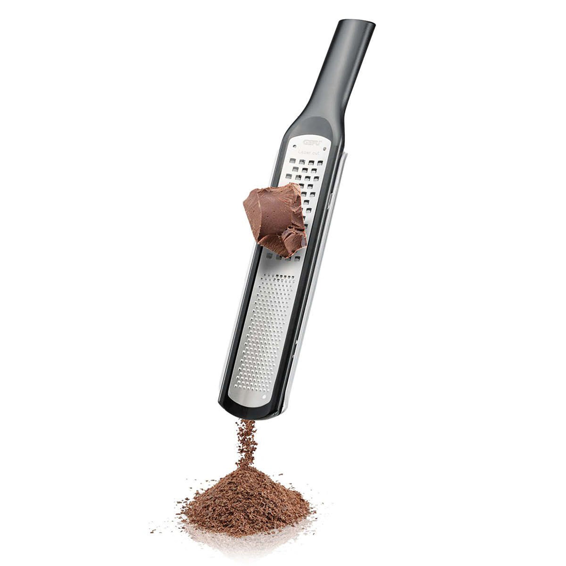 Handheld box grater with fine and coarse shredding surface, black handle