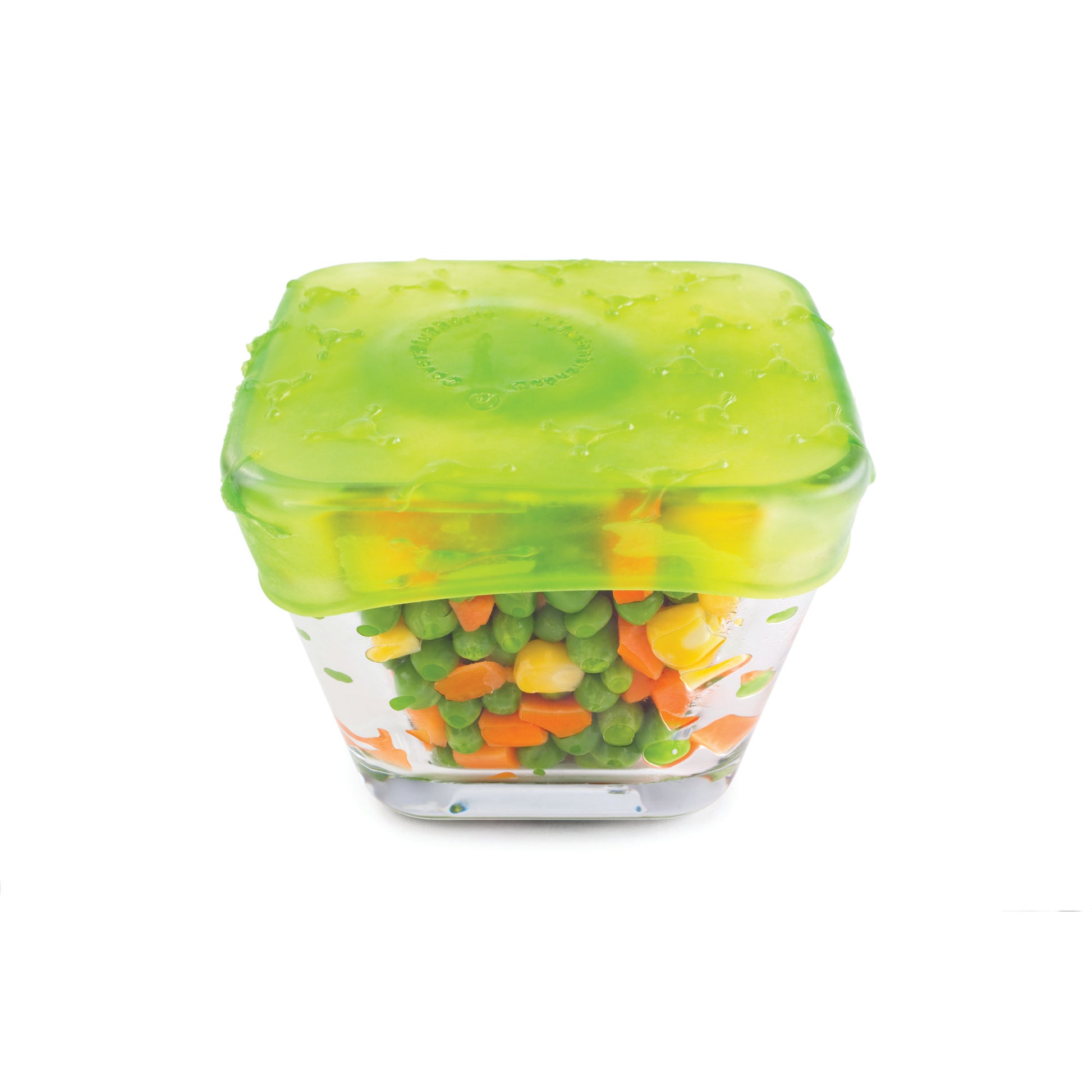 Medium silicone produce cover, translucent lime green lid with colorful vegetables visible inside