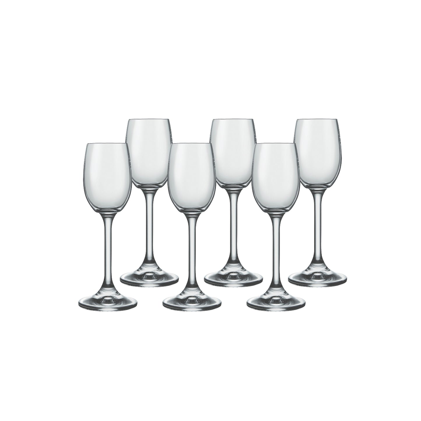Clear glass stemmed goblet set with five rounded cups and polished silver bases