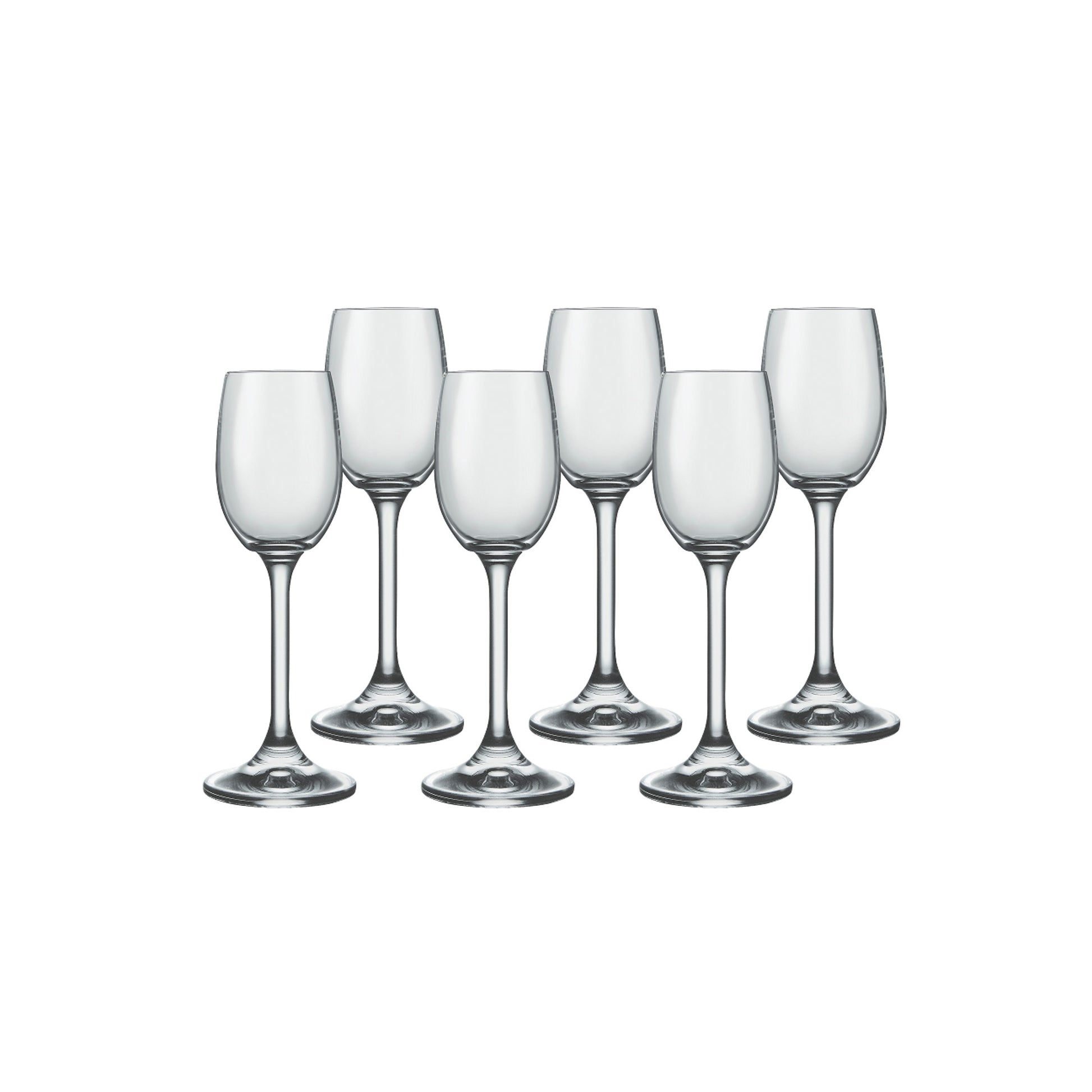 Clear glass stemmed goblet set with five rounded cups and polished silver bases