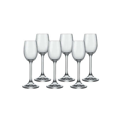 Clear glass stemmed goblet set with five rounded cups and polished silver bases