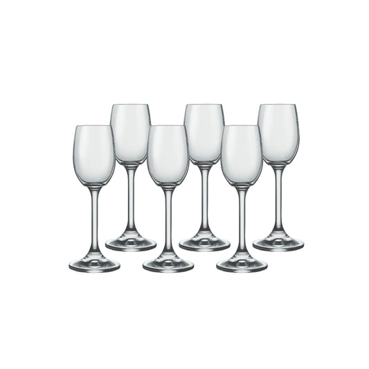 Clear glass stemmed goblet set with five rounded cups and polished silver bases