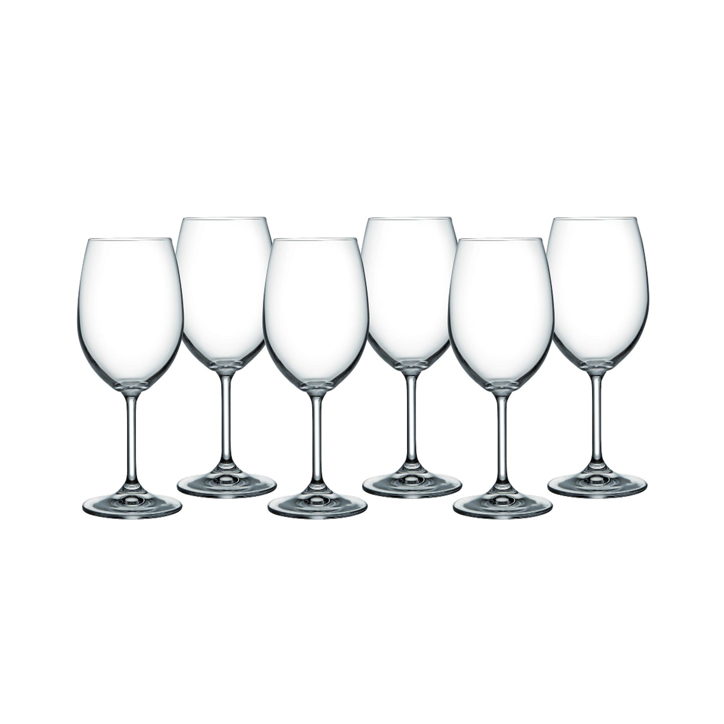 Lara wine glass set, 6 clear stemmed wine glasses standing in a row