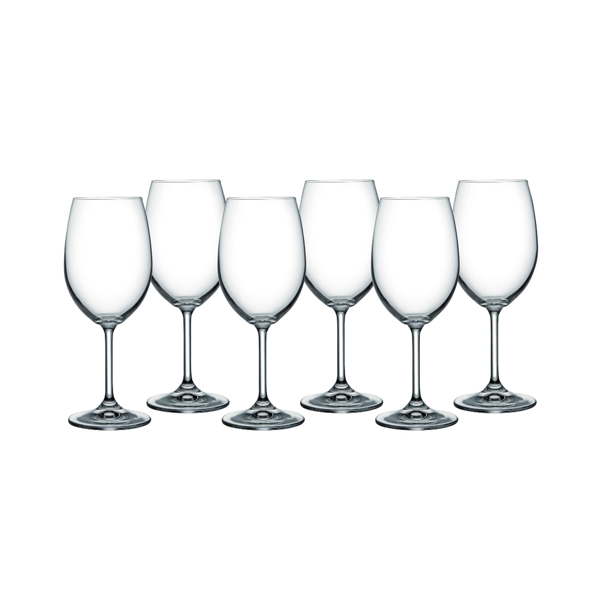 Lara wine glass set, 6 clear stemmed wine glasses standing in a row