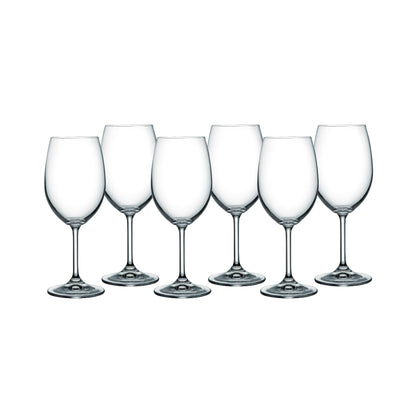 Lara wine glass set, 6 clear stemmed wine glasses standing in a row