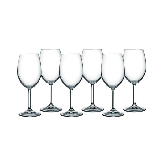 Lara wine glass set, 6 clear stemmed wine glasses standing in a row