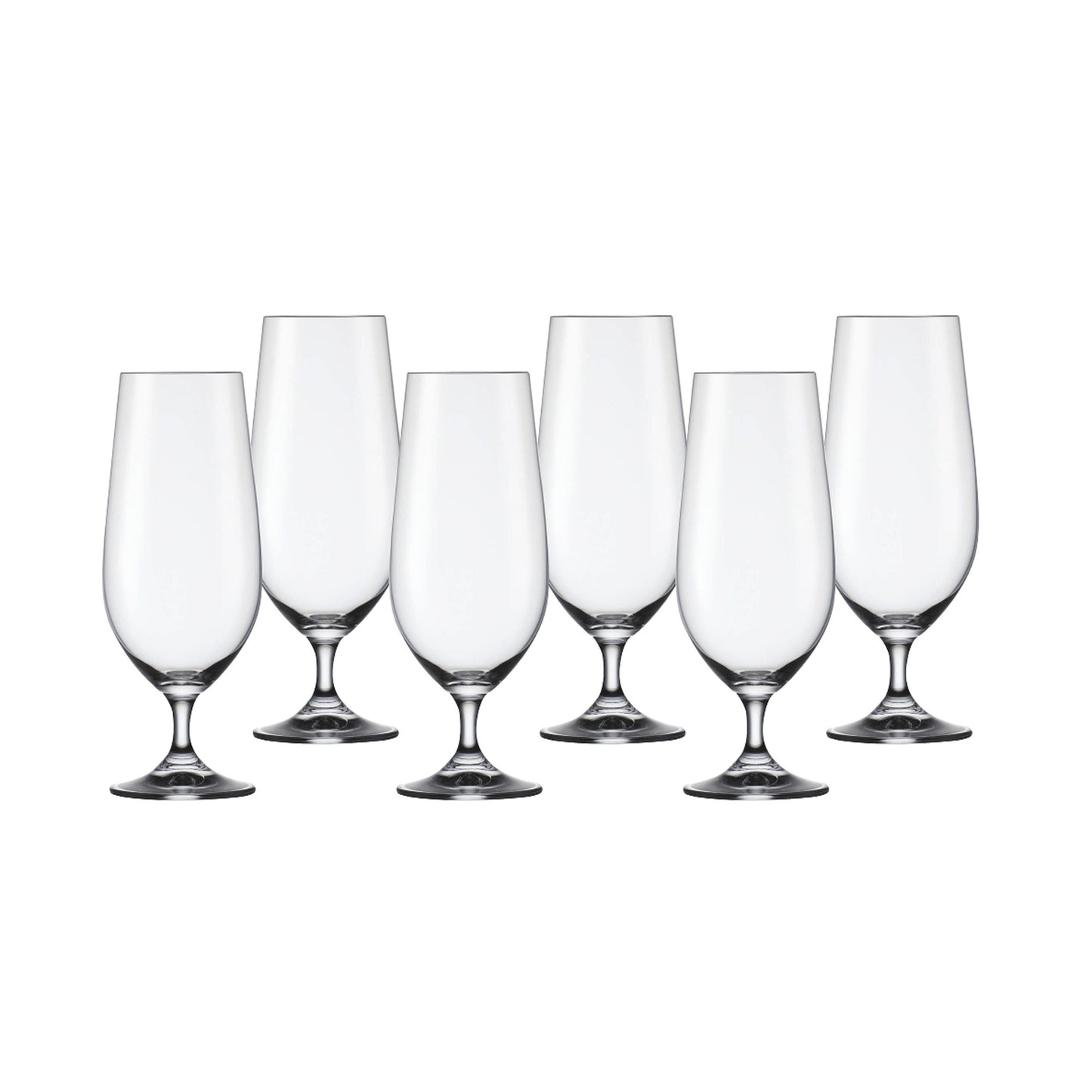 Clear glass stemmed goblet set with six rounded cups and polished silver bases