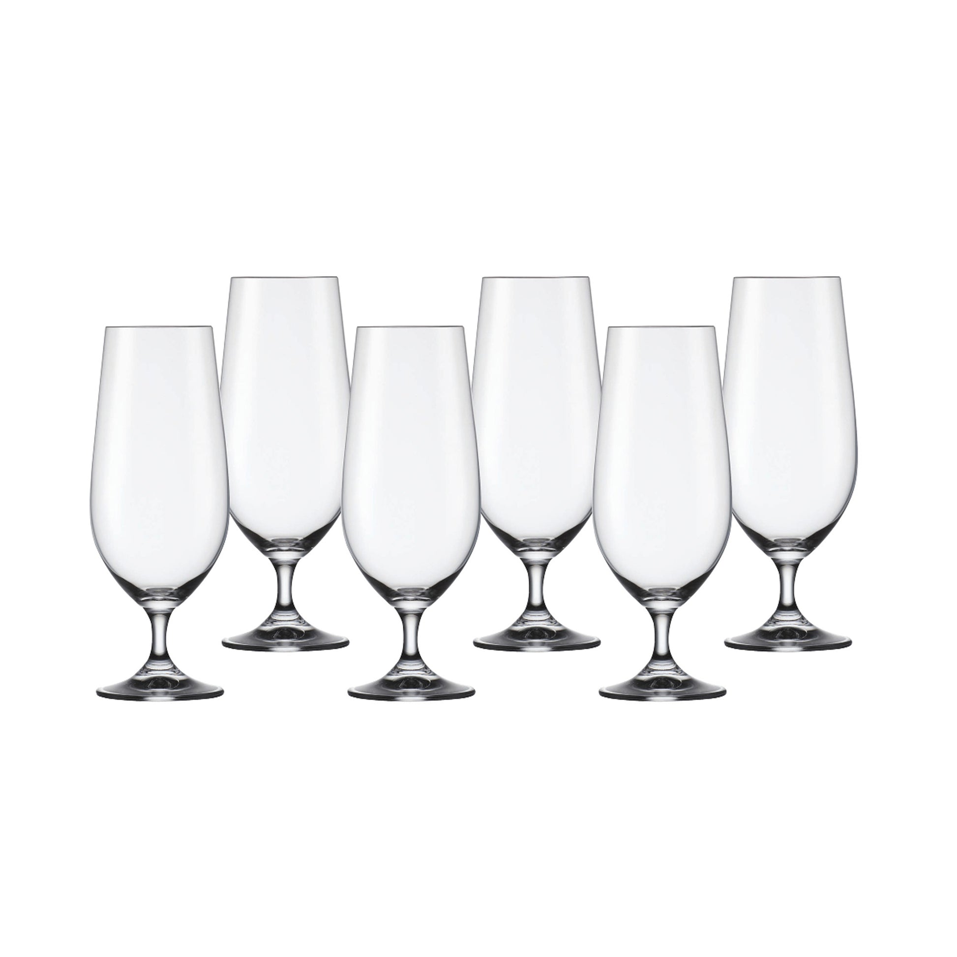 Clear glass stemmed goblet set with six rounded cups and polished silver bases