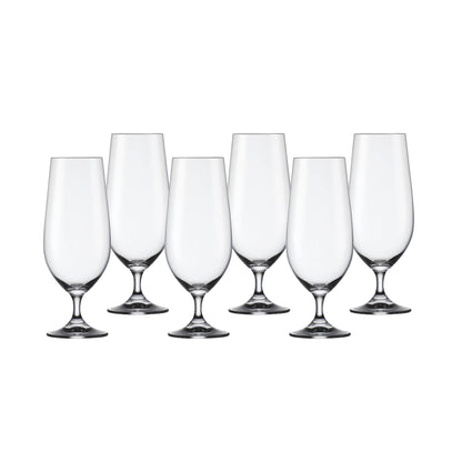 Clear glass stemmed goblet set with six rounded cups and polished silver bases