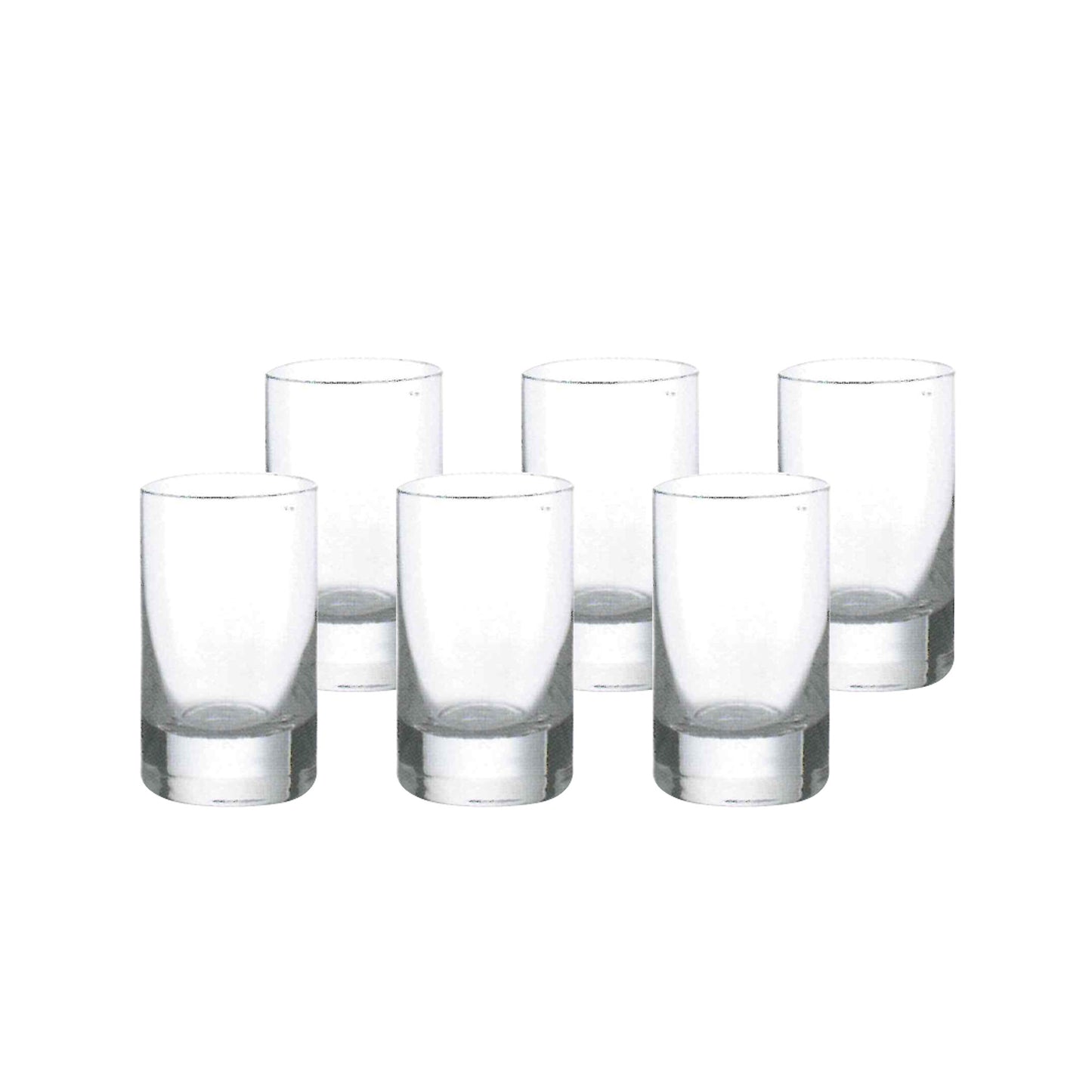 Set of six clear glass shot glasses with thick silver bases